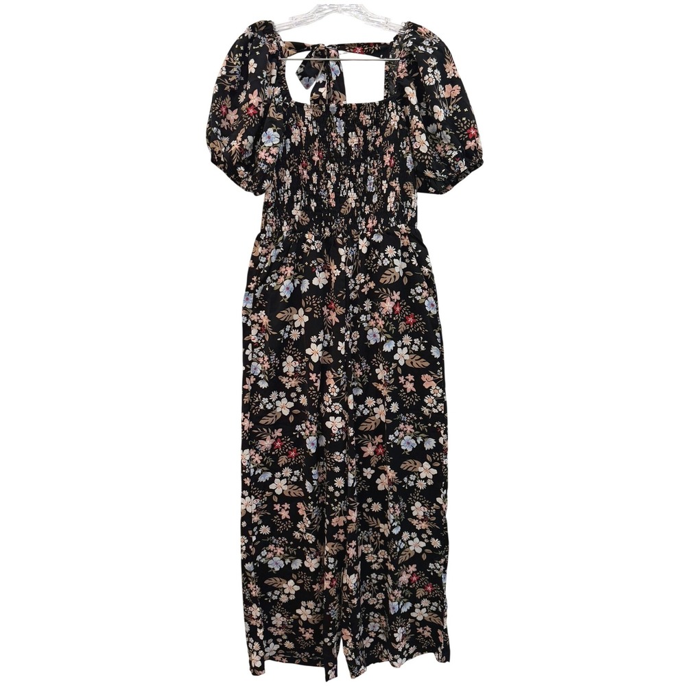 Cottagecore Floral Smocked Jumpsuit Black Puff Sleeve Wide Leg We Love Fashion S
